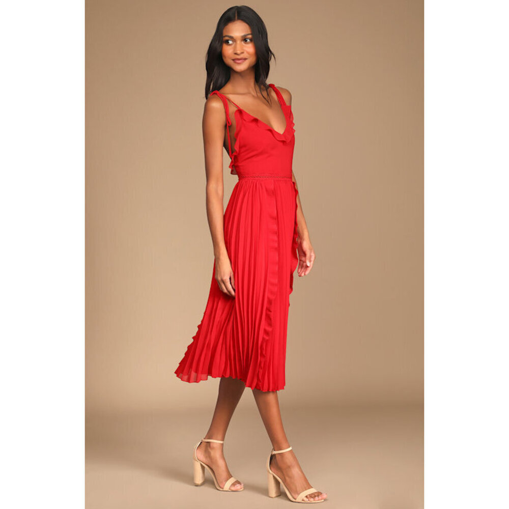 Lulus Never A Dull Moment Bright Red Tie-strap Pleated Midi Dress - Size L